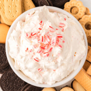 looking down onto a bowl of candy cane dip