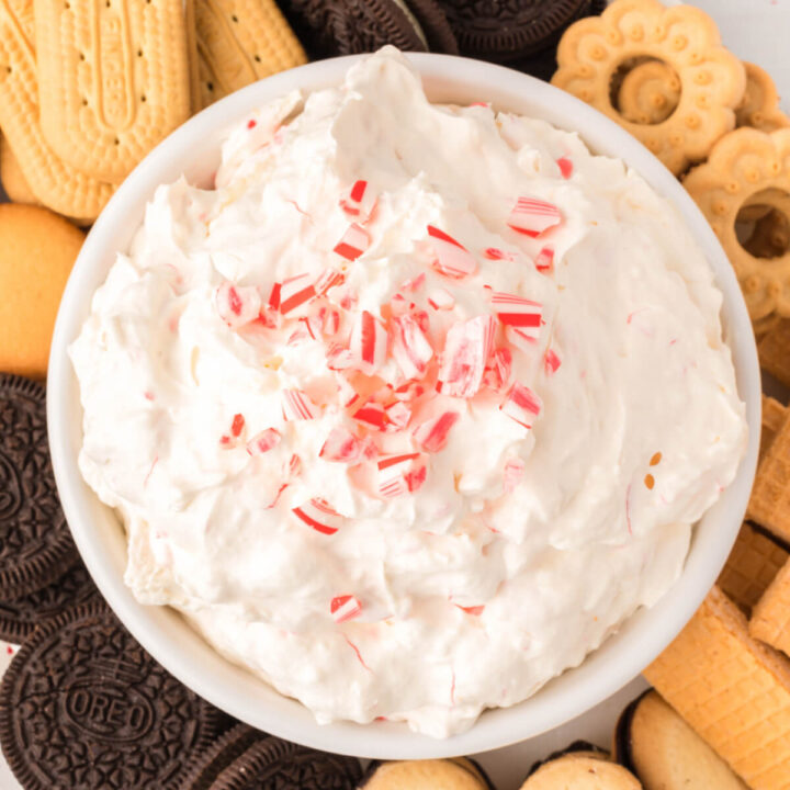 looking down onto a bowl of candy cane dip