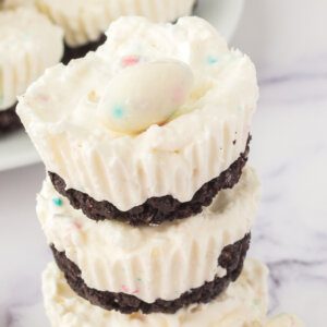 closeup of stacked mini easter cheesecakes