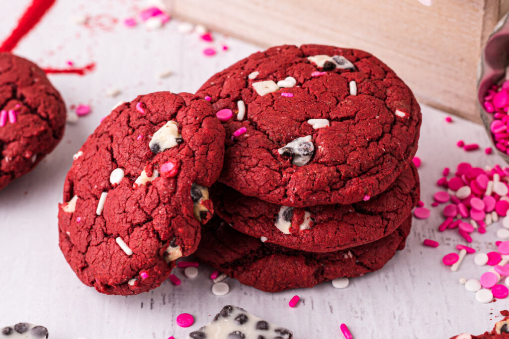 closeup of stacked red velvet cookies