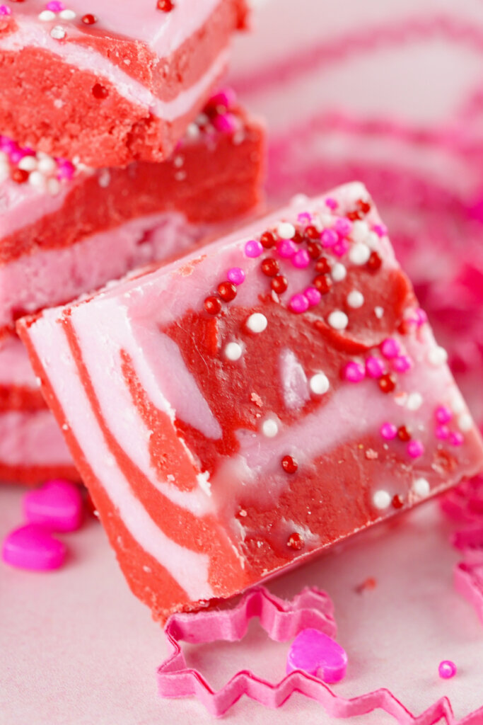 closeup of strawberry fudge square