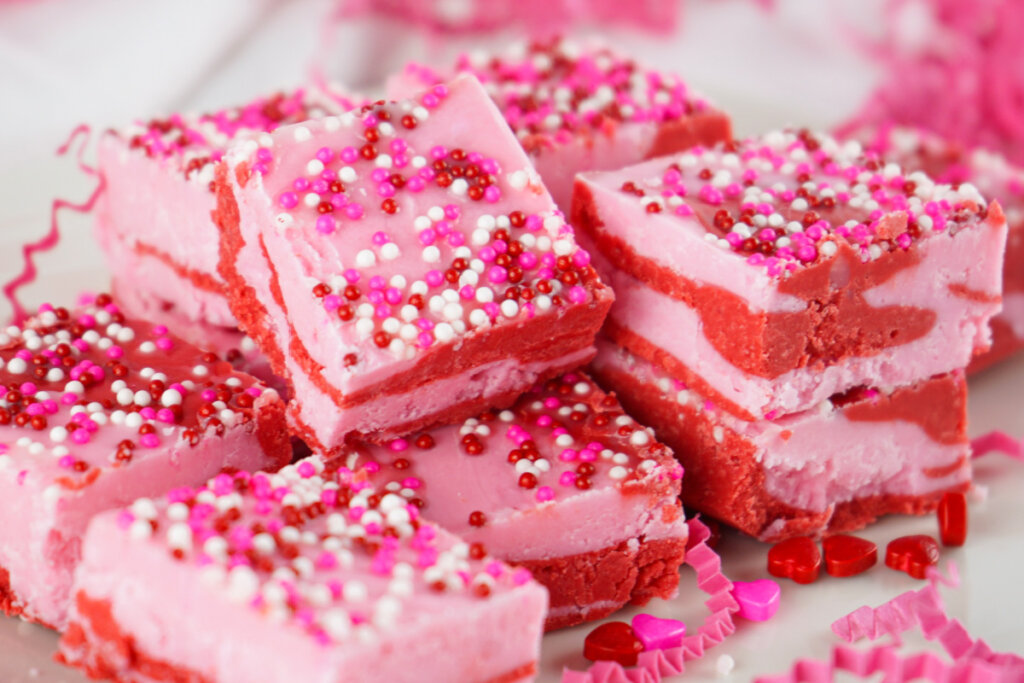 strawberry fudge stacked on plate