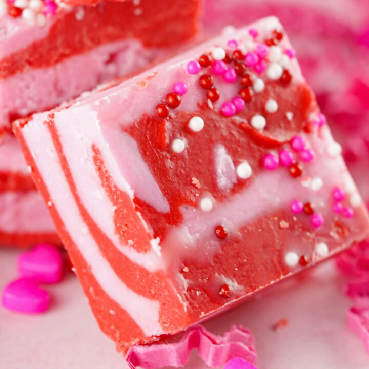 closeup of two-tone strawberry fudge