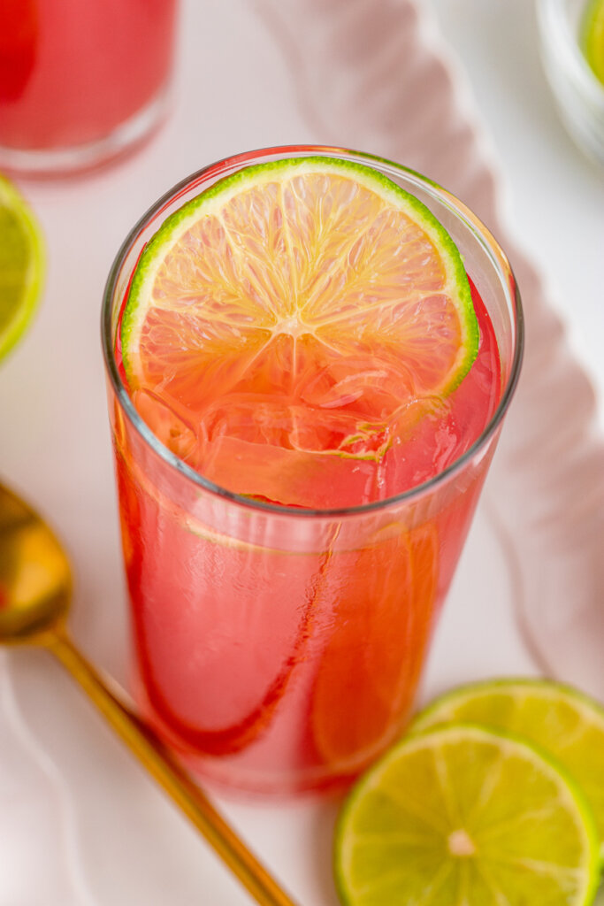 looking down into a glass with bay breeze cocktail