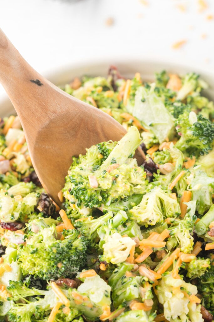 broccoli salad scooped onto a serving spoon