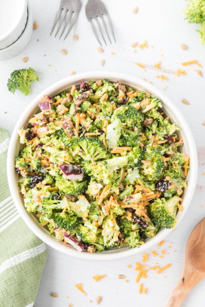 looking down into a bowl with broccoli salad