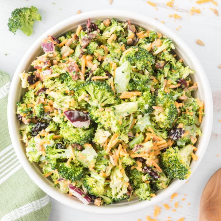 loooking down into a bowl filled with broccoli salad