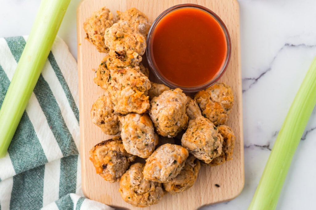 chicken meatballs with buffalo dipping sauce