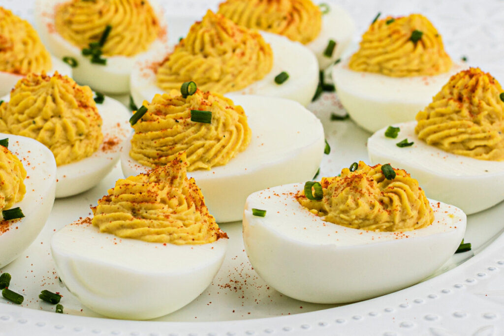 several deviled eggs on plate