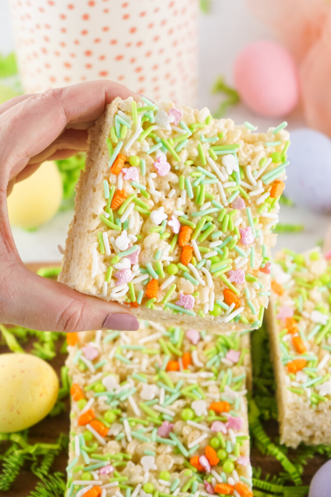 hand holding easter rice crispy treats