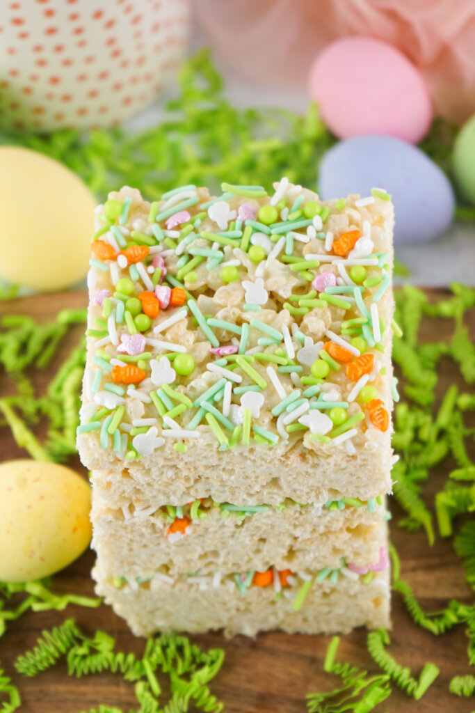 three easter rice crispy treats stacked