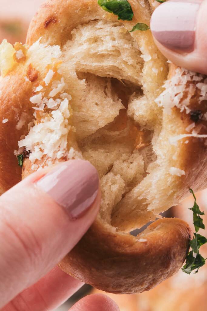 a look at the fluffy, tender inside of a garlic knot