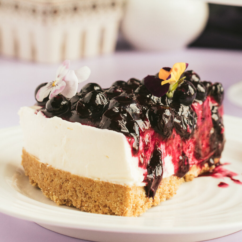 slice of no-bake blueberry cheesecake