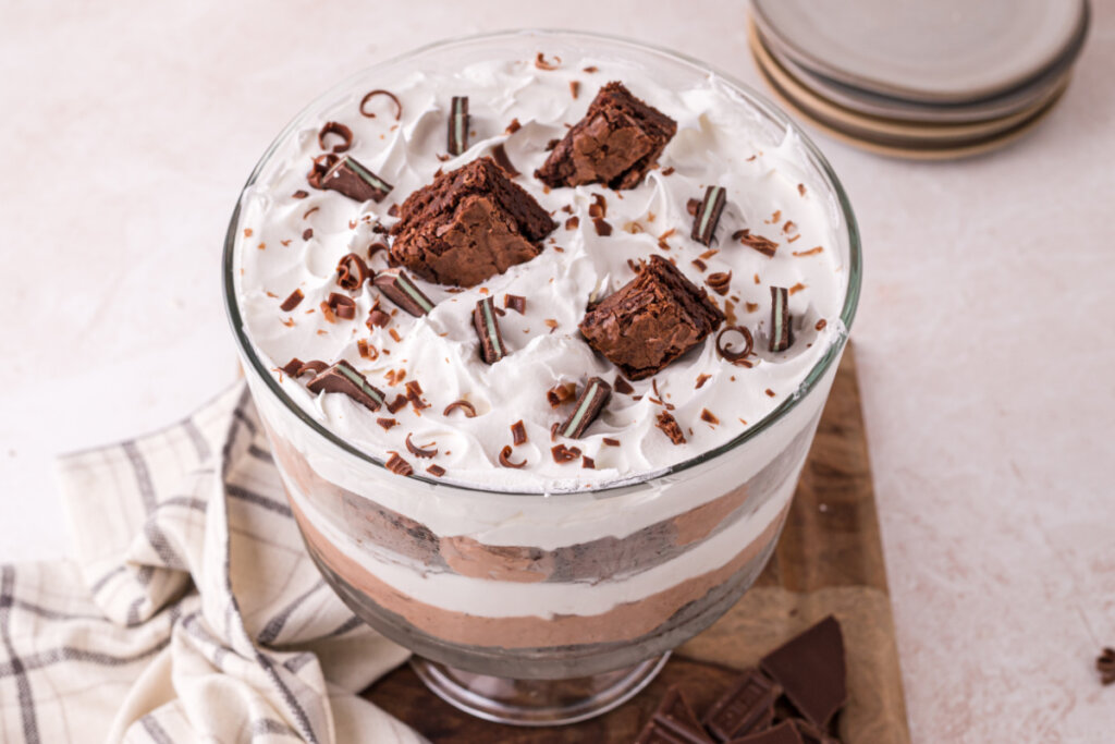 looking down onto a chocolate brownie trifle dessert