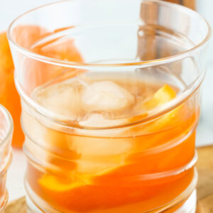 closeup of old fashioned cocktail in glass