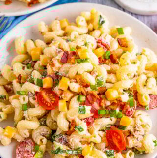 looking down into a white bowl filled with ranch blt pasta salad