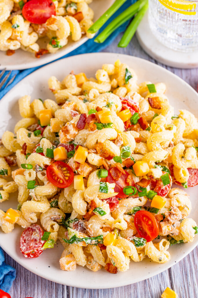 looking down onto a bowl with ranch blt pasta salad