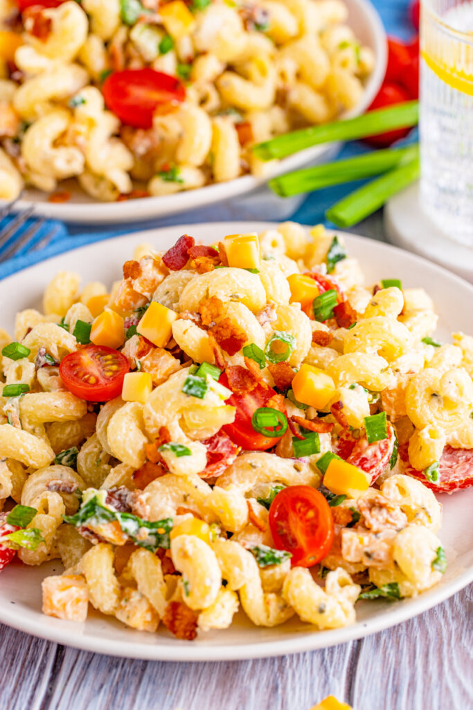 two plates with ranch pasta salad