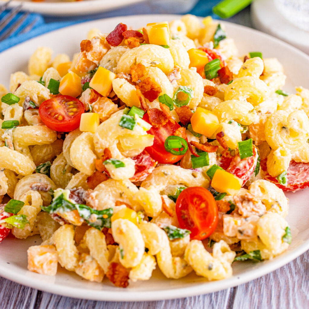 ranch blt pasta salad in bowl