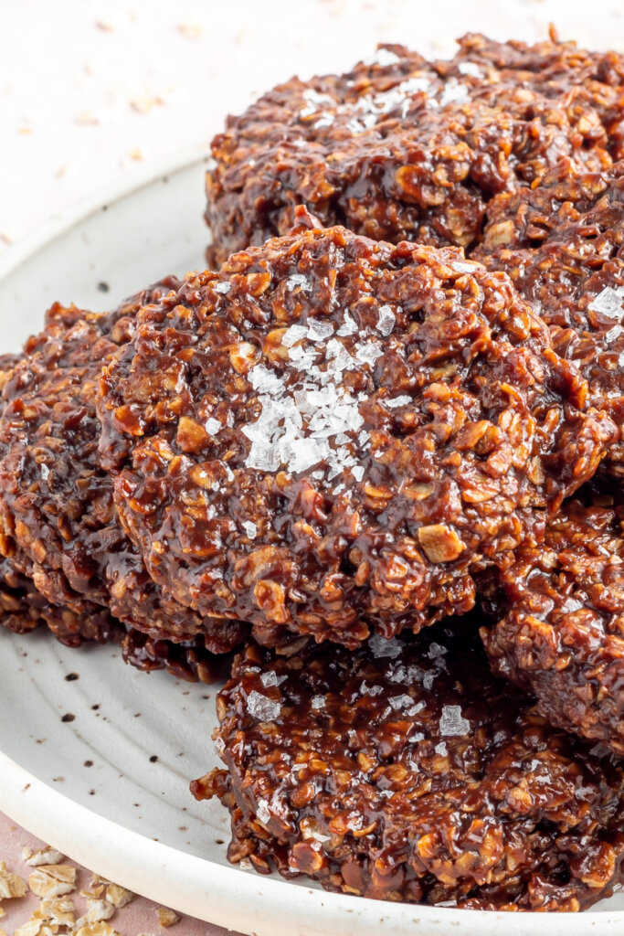 salted almond butter no bake cookies stacked on plate