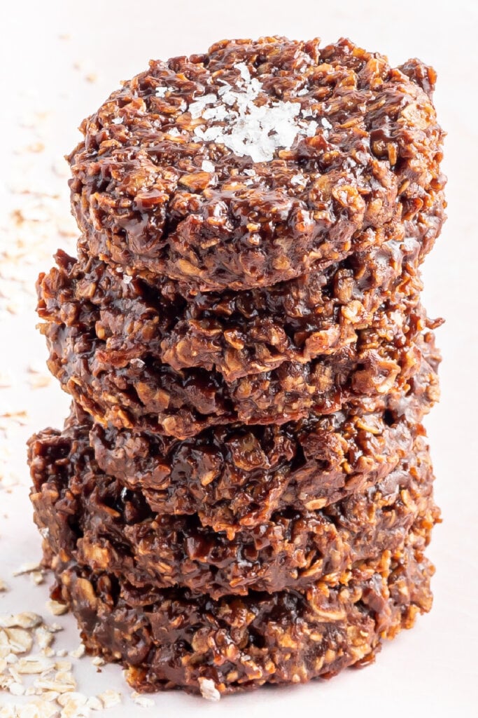 six chocolate oatmeal cookies stacked on top of each other