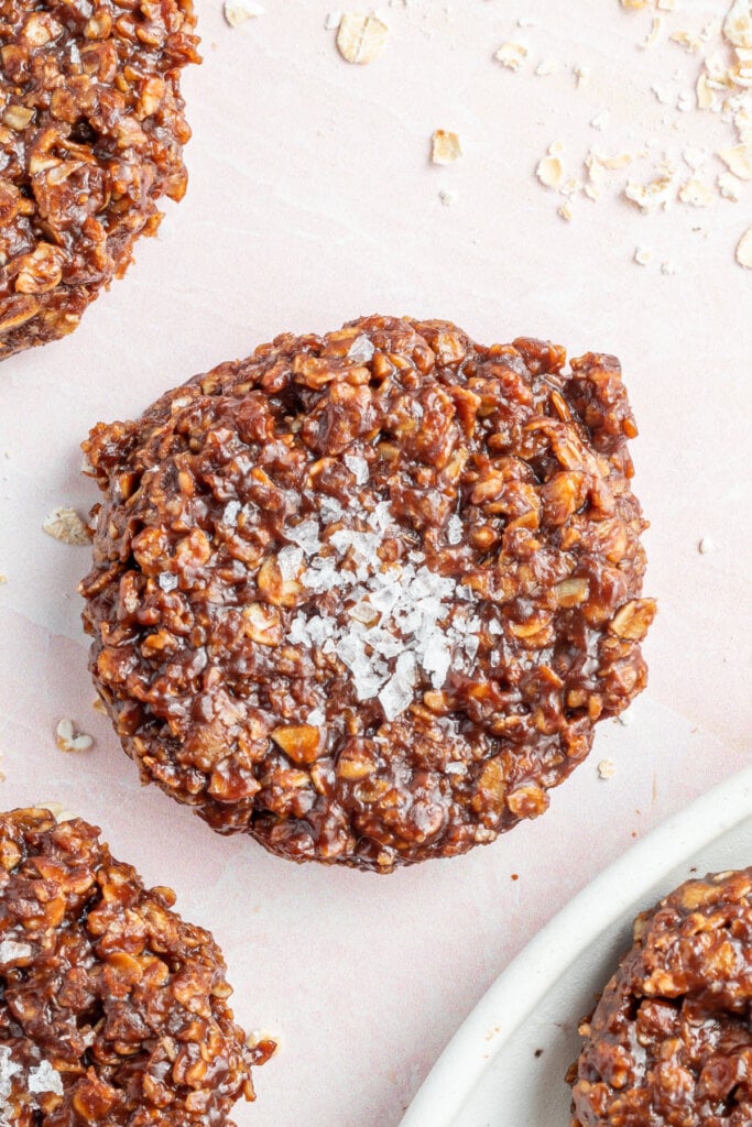 closeup loking down onto salted almond butter no bake cookie