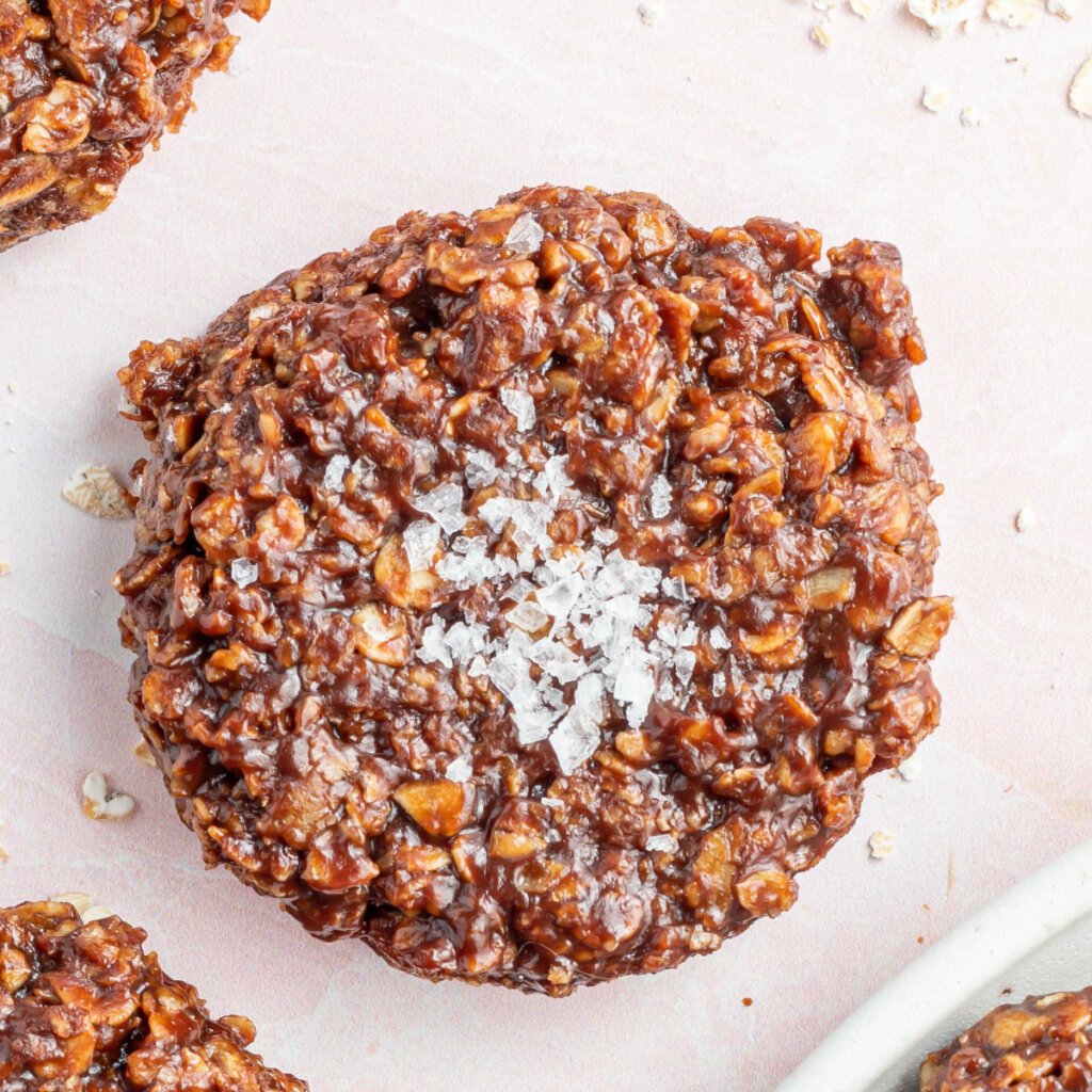 lookinb down onto a salted almond butter no bake cookie