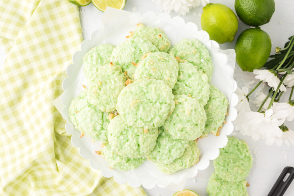 looking down onto a plate of soft sherbet coconut cookies