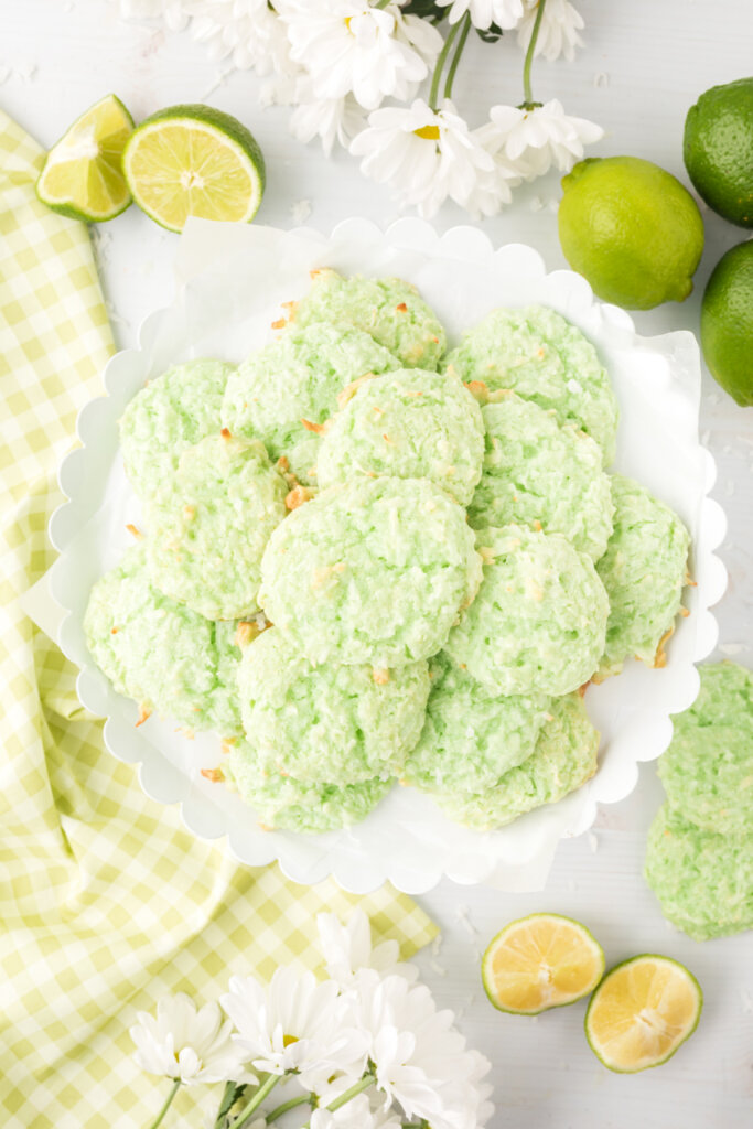 looking down onto a plate with soft sherbet coconut cookies