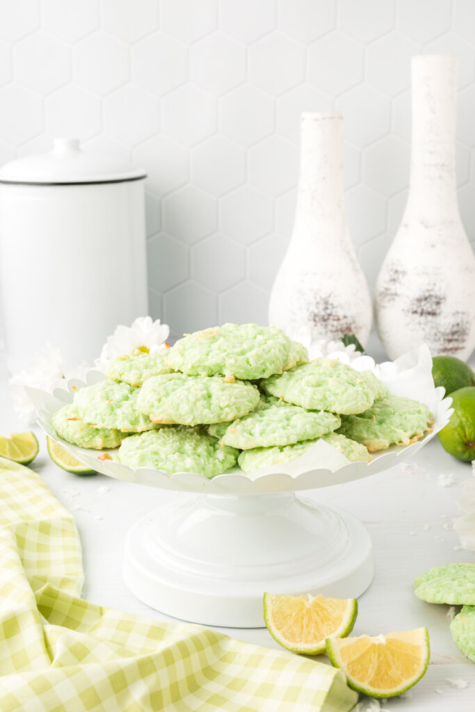 coconut lime cookies on cake stand