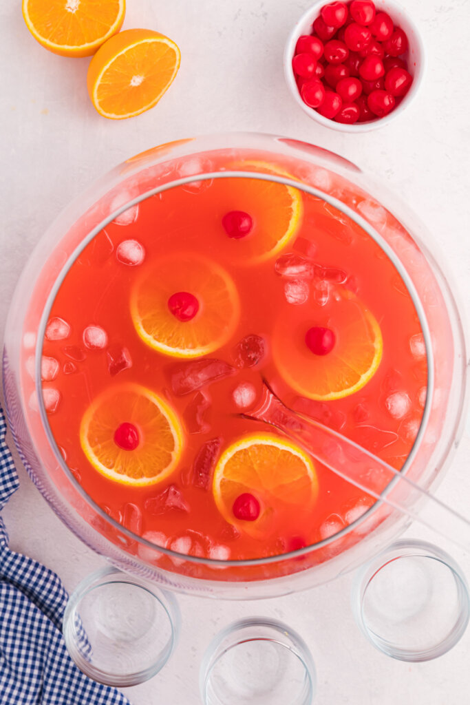looking down into a punch bowl with shirley temple punch