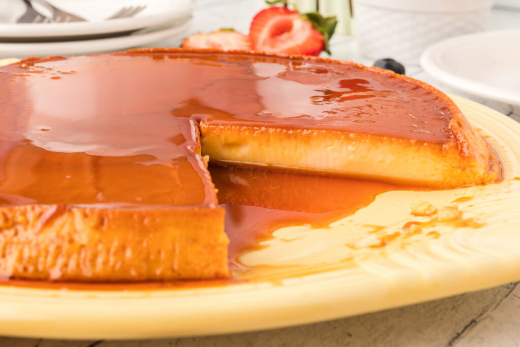spanish flan with piece taken out