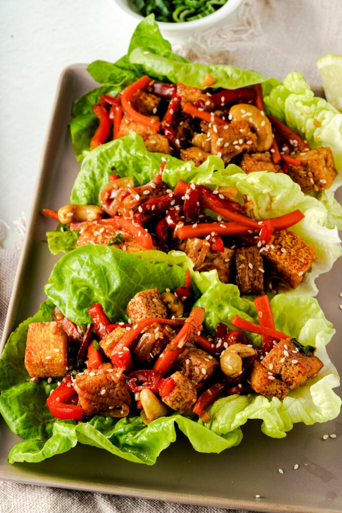 teriyaki tofu lettuce wraps on a baking sheet