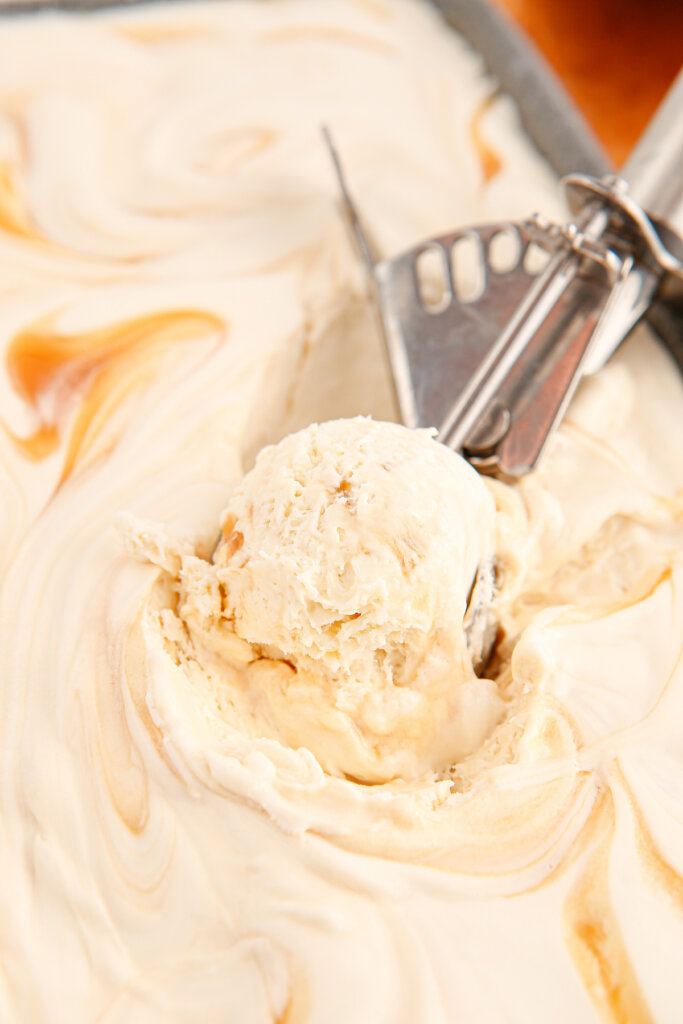 ice cream scoop scooping out salted caramel ice cream