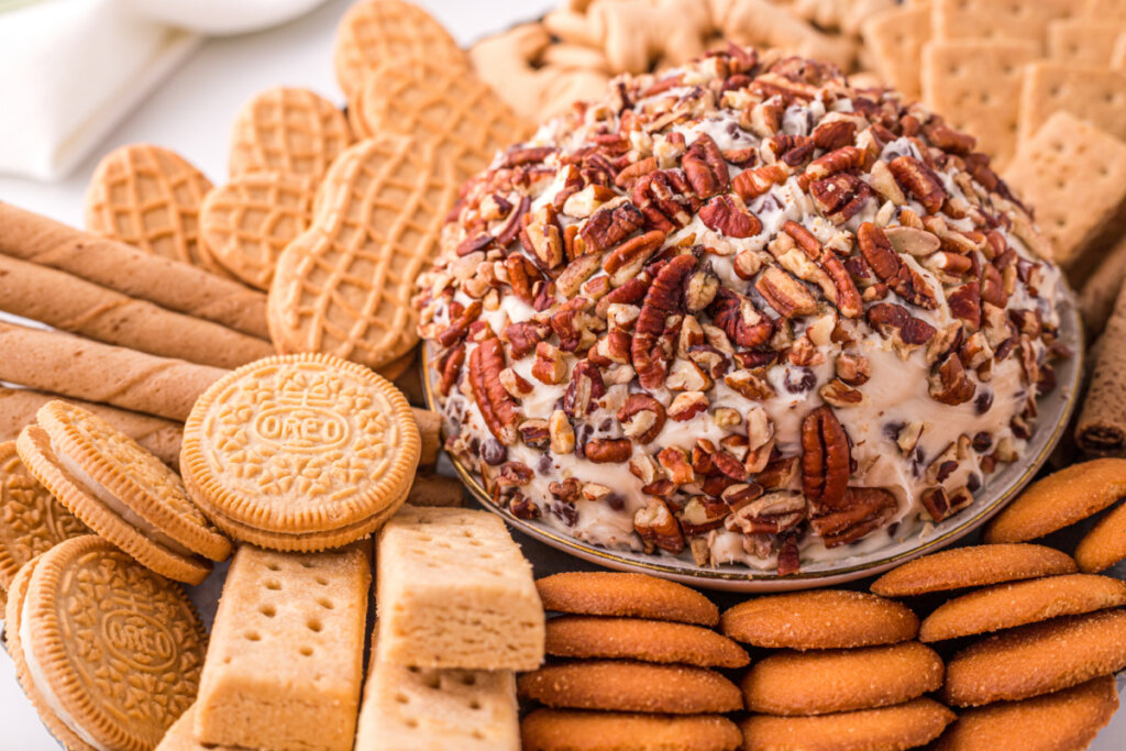 cheese ball with chocolate chips on plate with cookies