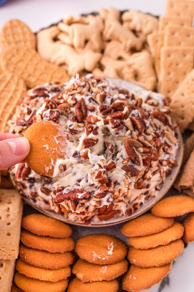 cookie scooping some cheese ball with chocolate chips