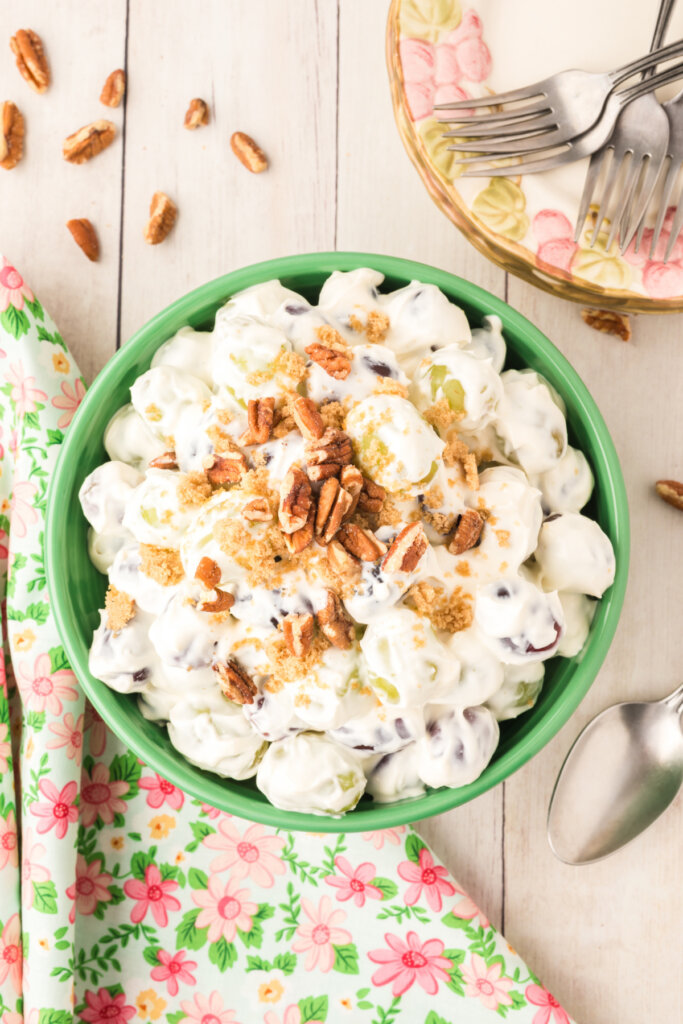 looking down into bowl with creamy grape salad