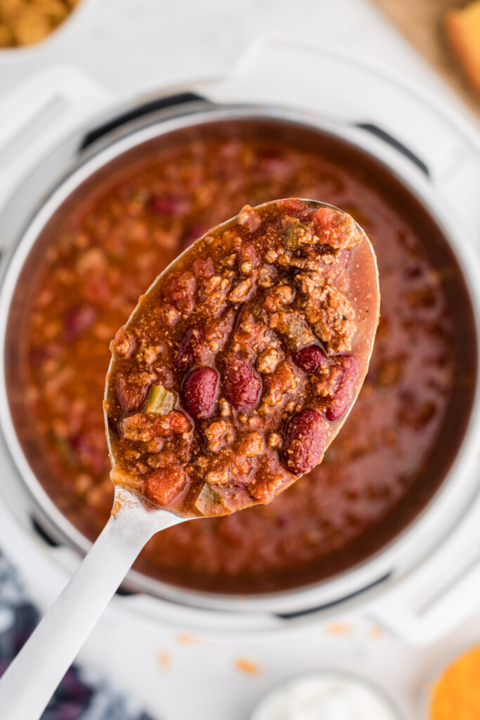 chili on spoon over instant pot