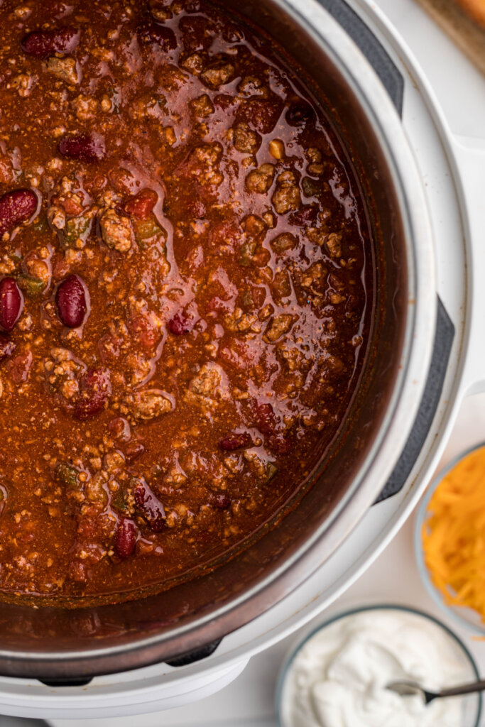 looking down into an instant pot with chili