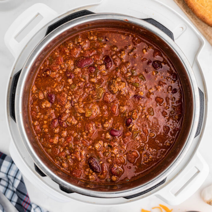 looking down into a pot of Instant Pot chili