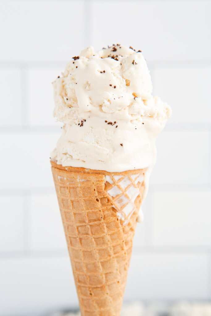 two scoops of cold brew coffee ice cream in ice cream cone
