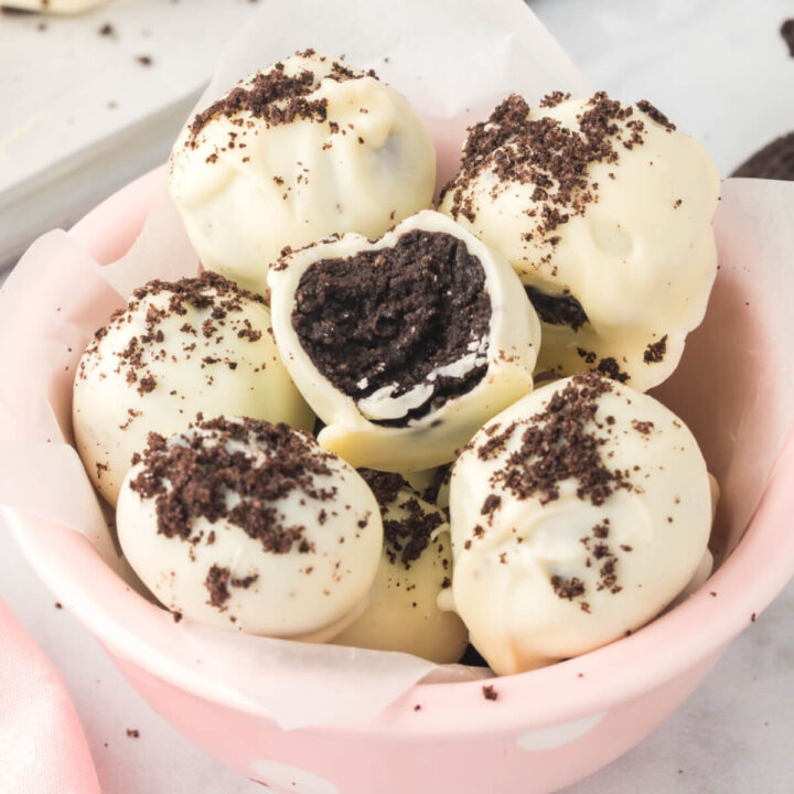 oreo truffles in pink bowl