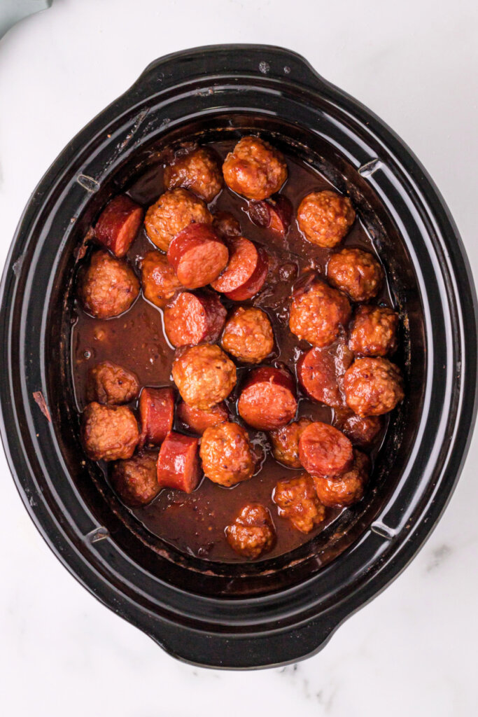 cranberry chipotle meatballs and sausage in slow cooker