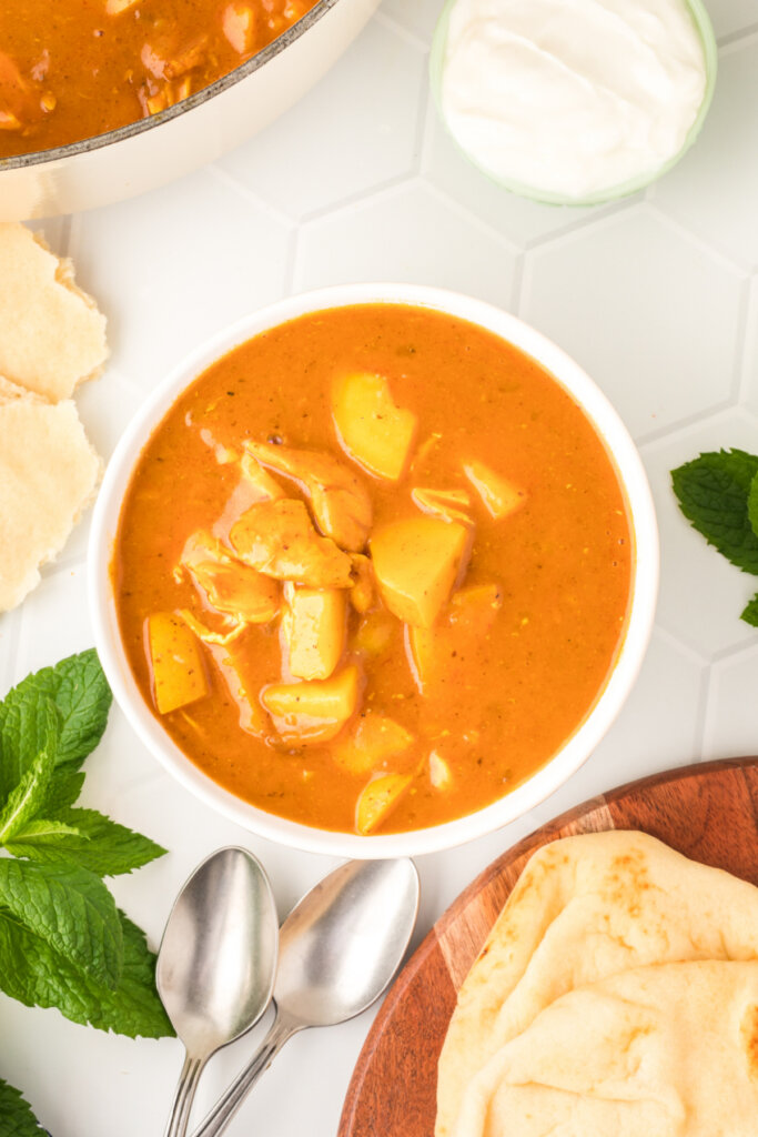 looking down into a bowl of indian spiced chicken potato stew