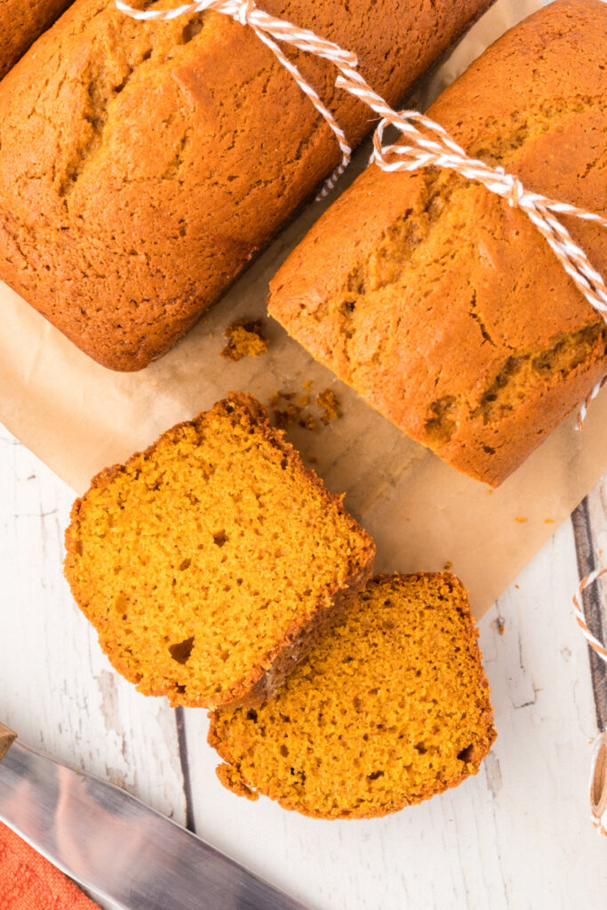 two slices of pumpkin bread cut from the loaf