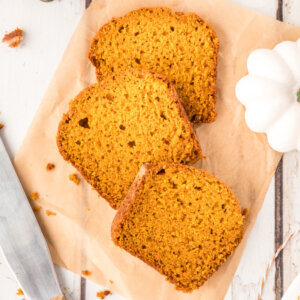 three slices of pumkpin bread