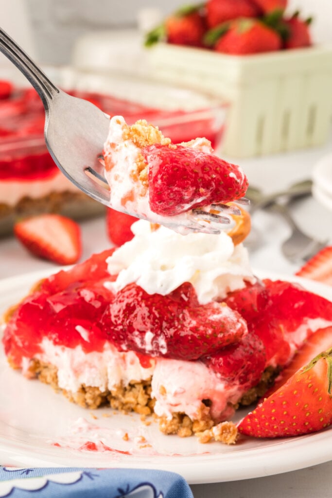 strawberry pretzel salad on fork