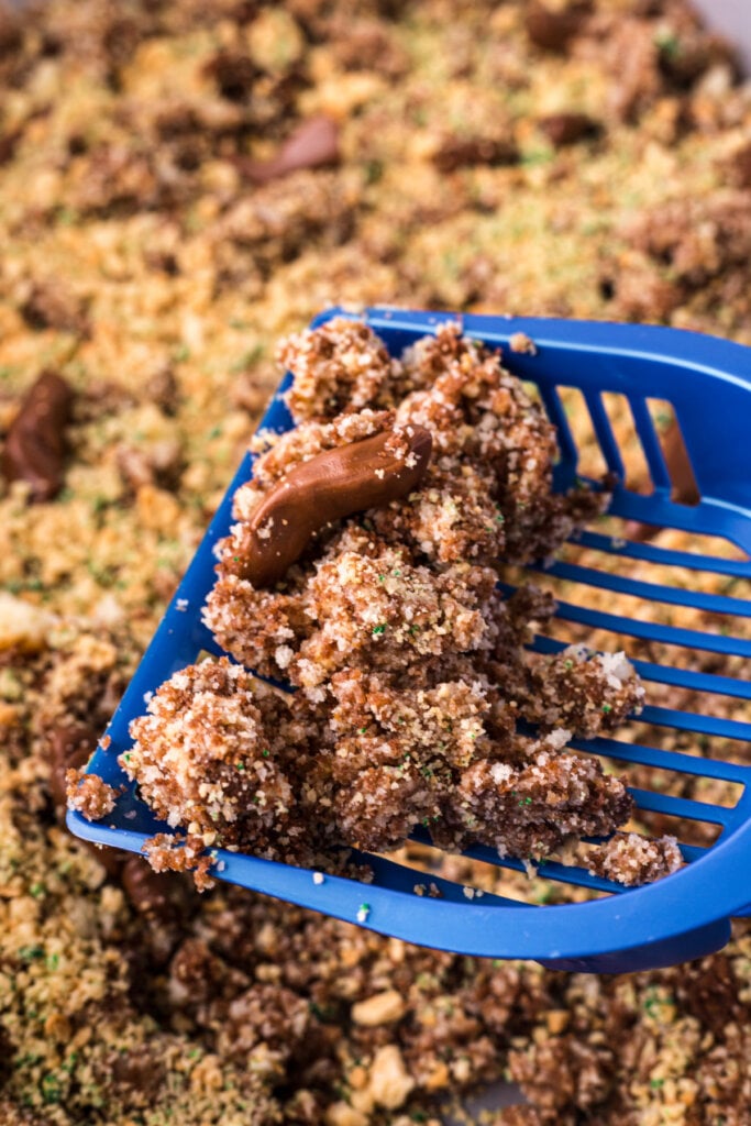 closeup of kitty litter cake being scooped with a cat litter scoop