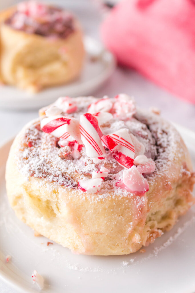 candy cane cinnamon roll with nutella on plate