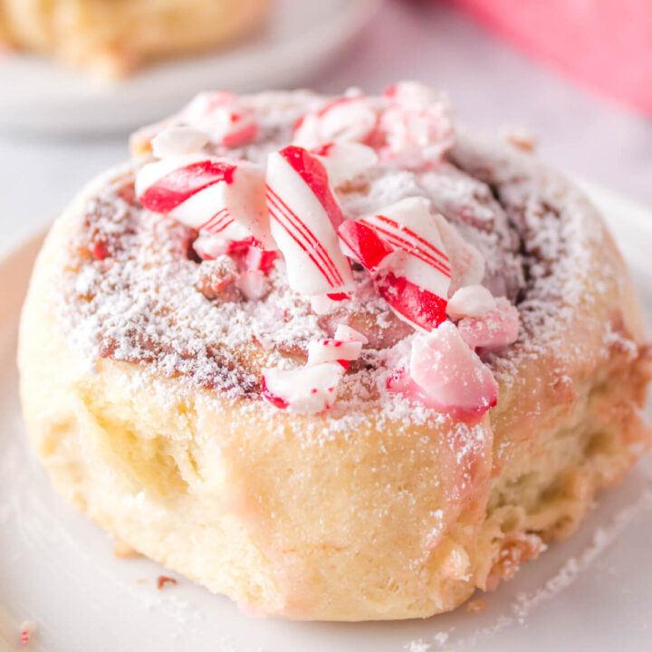 closeup of a candy cane cinnamon roll